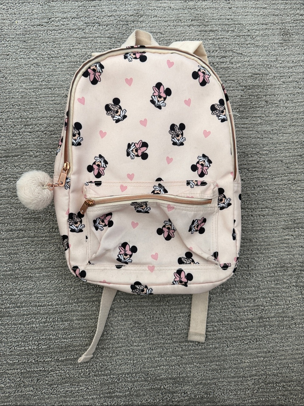 Cream Minnie Mouse Kids Backpack with Pom Zipper Pull